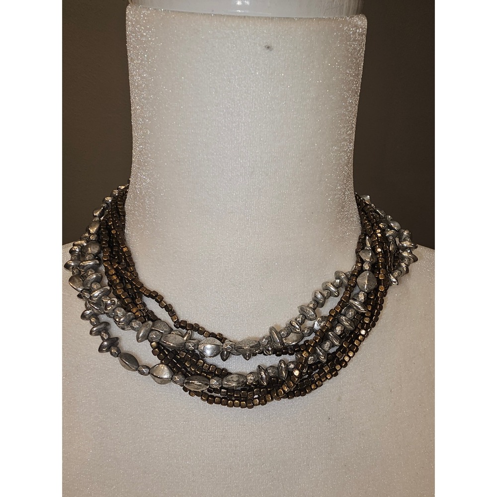 Mixed Metal Multi Strand Beaded Bib Necklace Silver Bronze Tone Chunky Layered